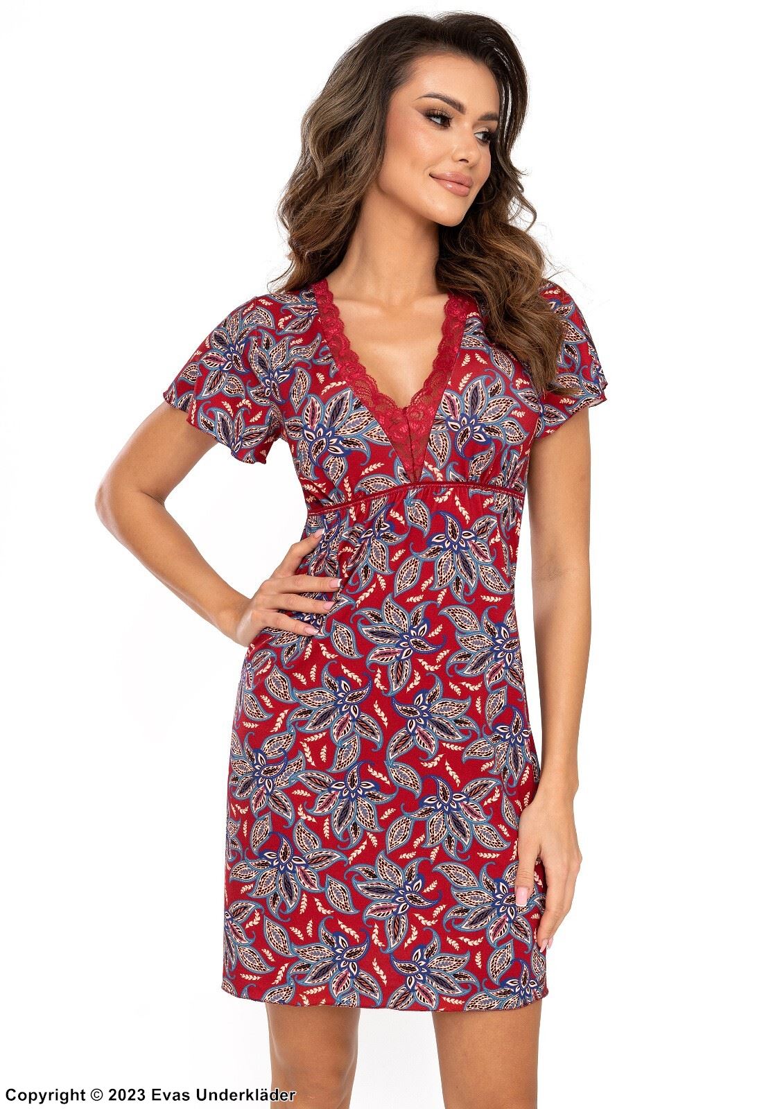 Pyjama-Kleid, hochwertige Viskose, Spitzenkante, kurze Ärmel, Blumen